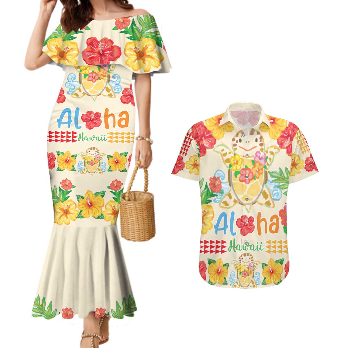 Kawaii Turtle Couples Matching Mermaid Dress and Hawaiian Shirt Aloha Hibiscus Flowers LT9 Beige - Polynesian Pride