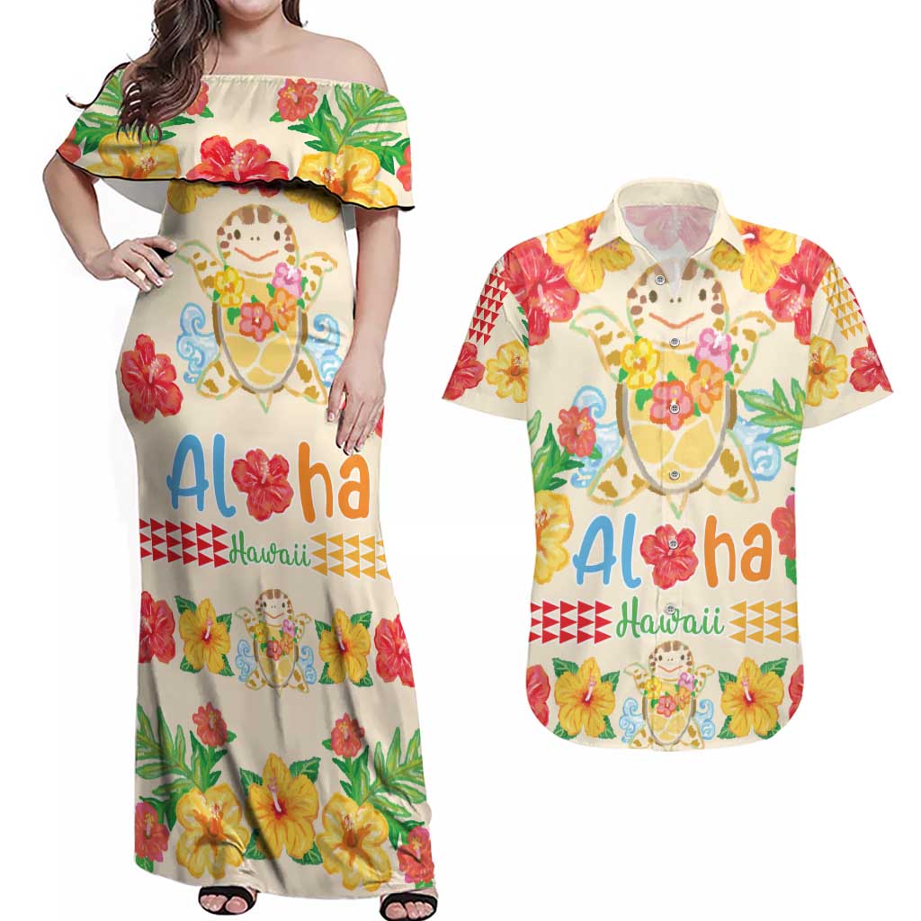 Kawaii Turtle Couples Matching Off Shoulder Maxi Dress and Hawaiian Shirt Aloha Hibiscus Flowers LT9 Beige - Polynesian Pride