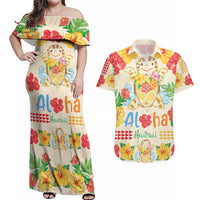Kawaii Turtle Couples Matching Off Shoulder Maxi Dress and Hawaiian Shirt Aloha Hibiscus Flowers LT9 Beige - Polynesian Pride