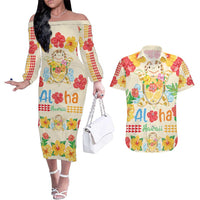 Kawaii Turtle Couples Matching Off The Shoulder Long Sleeve Dress and Hawaiian Shirt Aloha Hibiscus Flowers LT9 Beige - Polynesian Pride