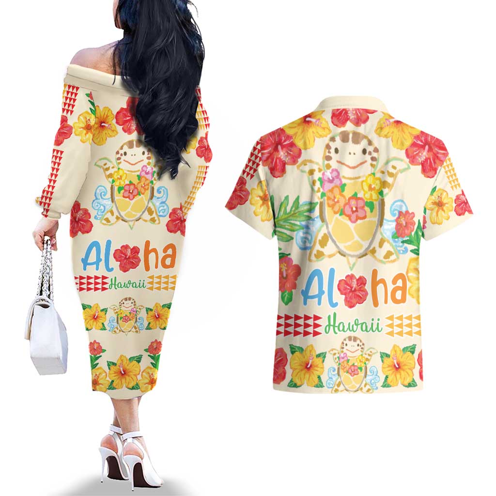 Kawaii Turtle Couples Matching Off The Shoulder Long Sleeve Dress and Hawaiian Shirt Aloha Hibiscus Flowers LT9 - Polynesian Pride