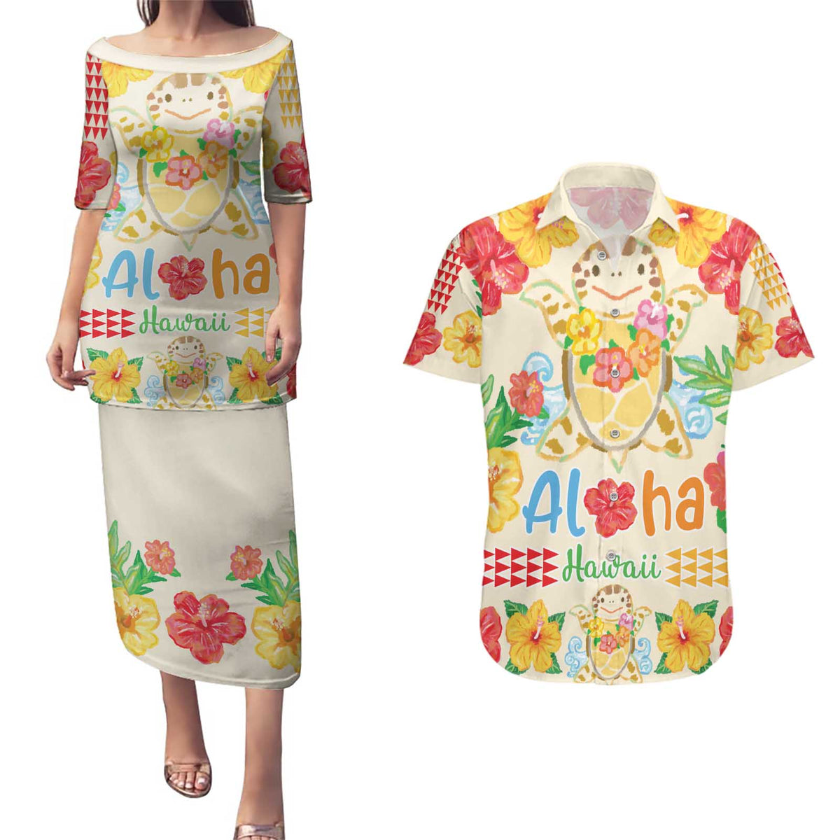 Kawaii Turtle Couples Matching Puletasi and Hawaiian Shirt Aloha Hibiscus Flowers