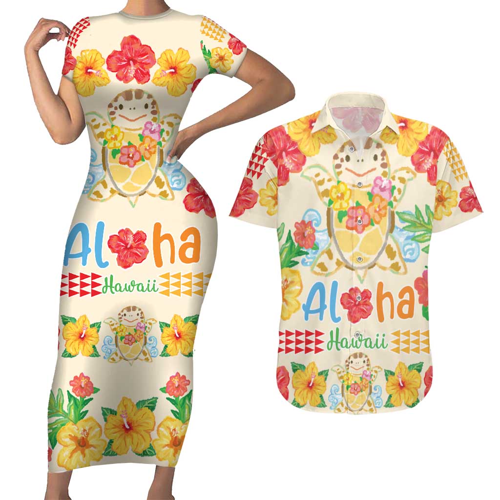 Kawaii Turtle Couples Matching Short Sleeve Bodycon Dress and Hawaiian Shirt Aloha Hibiscus Flowers LT9 Beige - Polynesian Pride