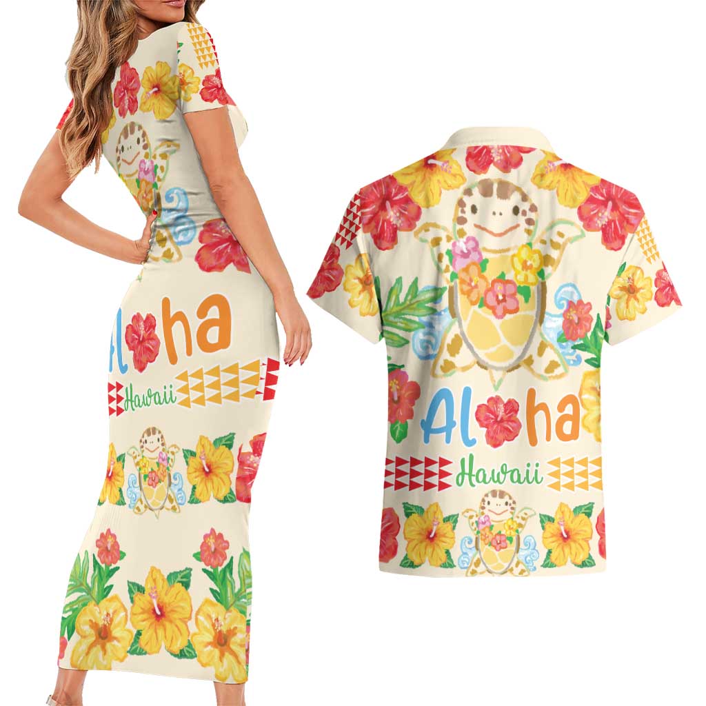 Kawaii Turtle Couples Matching Short Sleeve Bodycon Dress and Hawaiian Shirt Aloha Hibiscus Flowers LT9 - Polynesian Pride