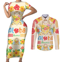 Kawaii Turtle Couples Matching Short Sleeve Bodycon Dress and Long Sleeve Button Shirt Aloha Hibiscus Flowers LT9 Beige - Polynesian Pride