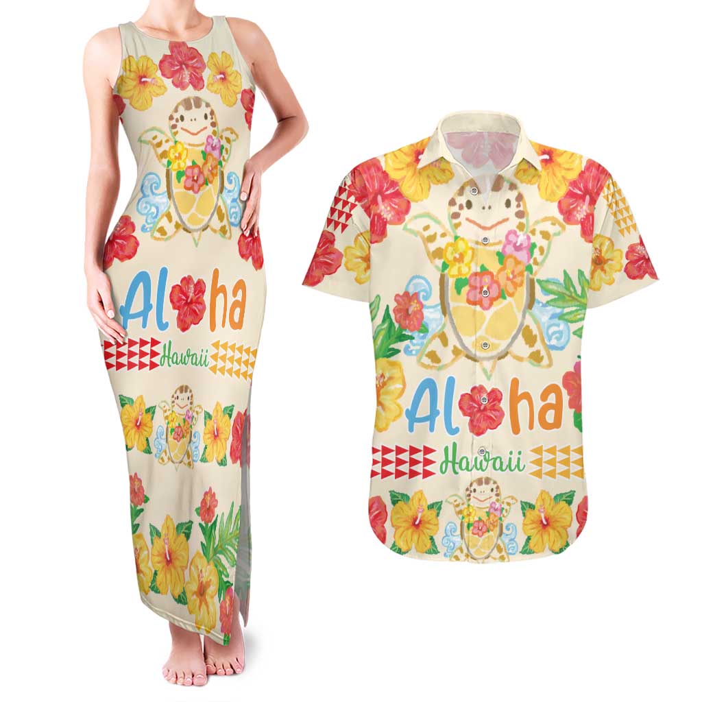 Kawaii Turtle Couples Matching Tank Maxi Dress and Hawaiian Shirt Aloha Hibiscus Flowers LT9 Beige - Polynesian Pride