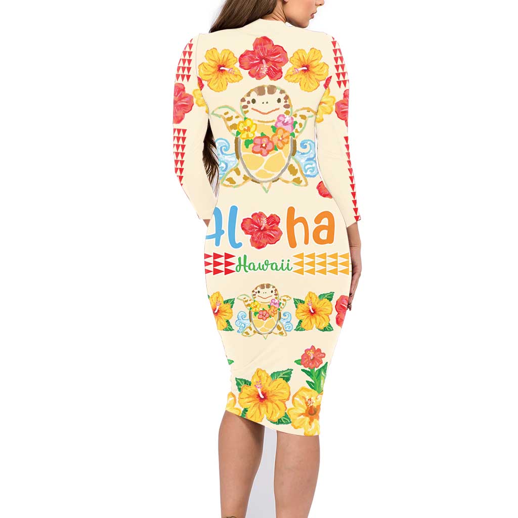 Kawaii Turtle Family Matching Long Sleeve Bodycon Dress and Hawaiian Shirt Aloha Hibiscus Flowers LT9 - Polynesian Pride