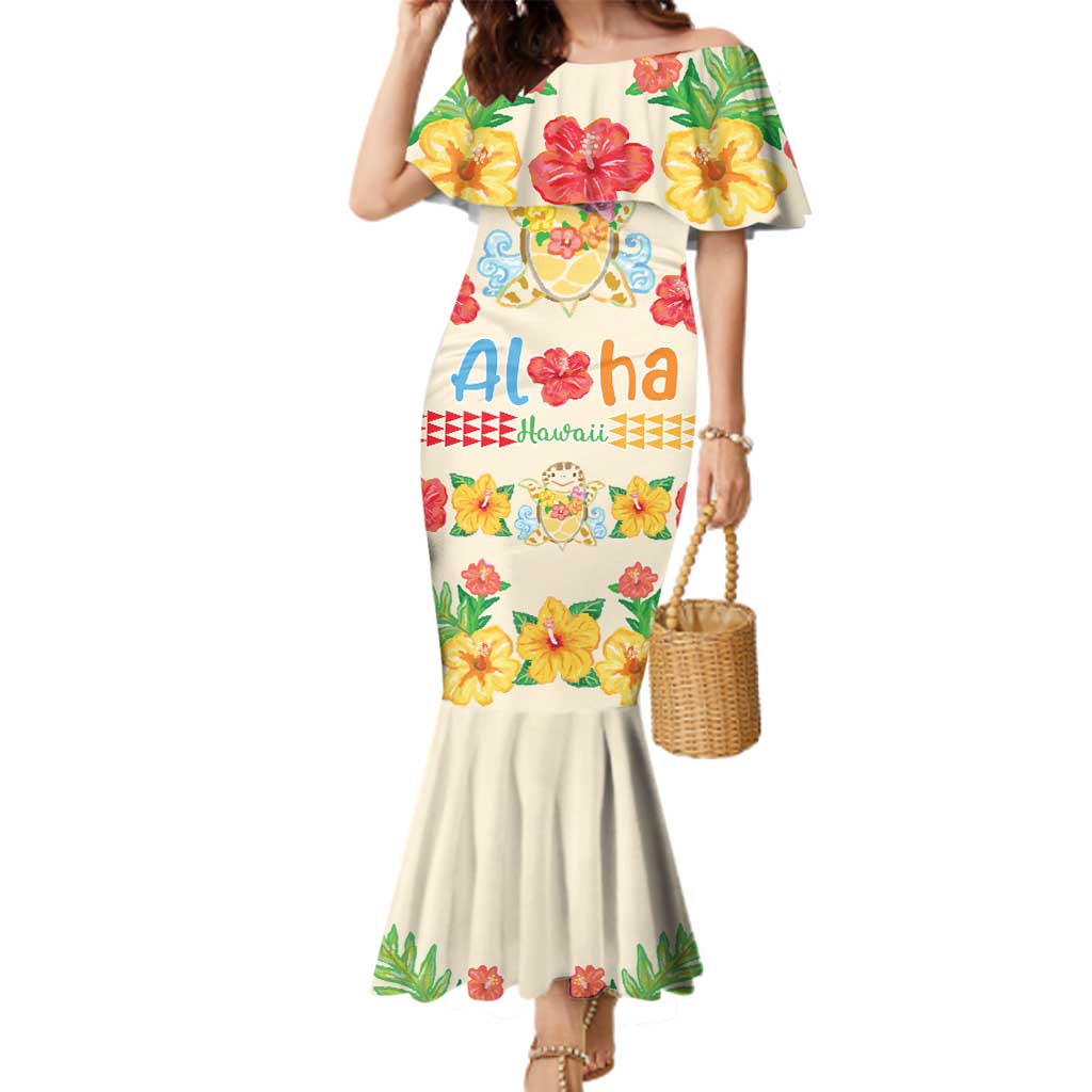 Kawaii Turtle Family Matching Mermaid Dress and Hawaiian Shirt Aloha Hibiscus Flowers LT9 Mom's Dress Beige - Polynesian Pride