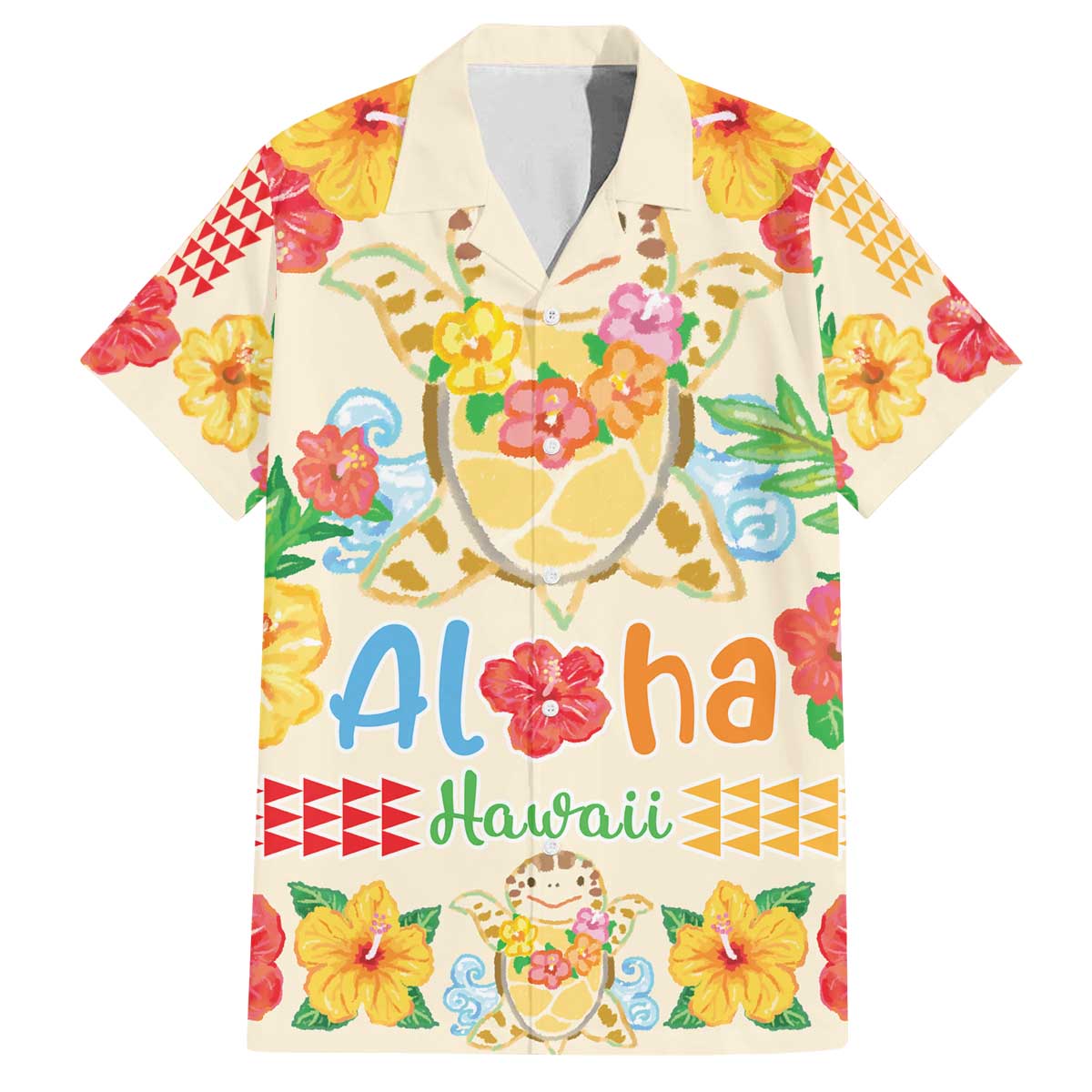 Kawaii Turtle Family Matching Off The Shoulder Long Sleeve Dress and Hawaiian Shirt Aloha Hibiscus Flowers LT9 Dad's Shirt - Short Sleeve Beige - Polynesian Pride