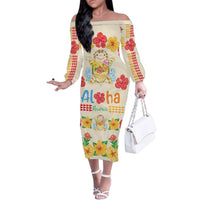 Kawaii Turtle Family Matching Off The Shoulder Long Sleeve Dress and Hawaiian Shirt Aloha Hibiscus Flowers LT9 Mom's Dress Beige - Polynesian Pride
