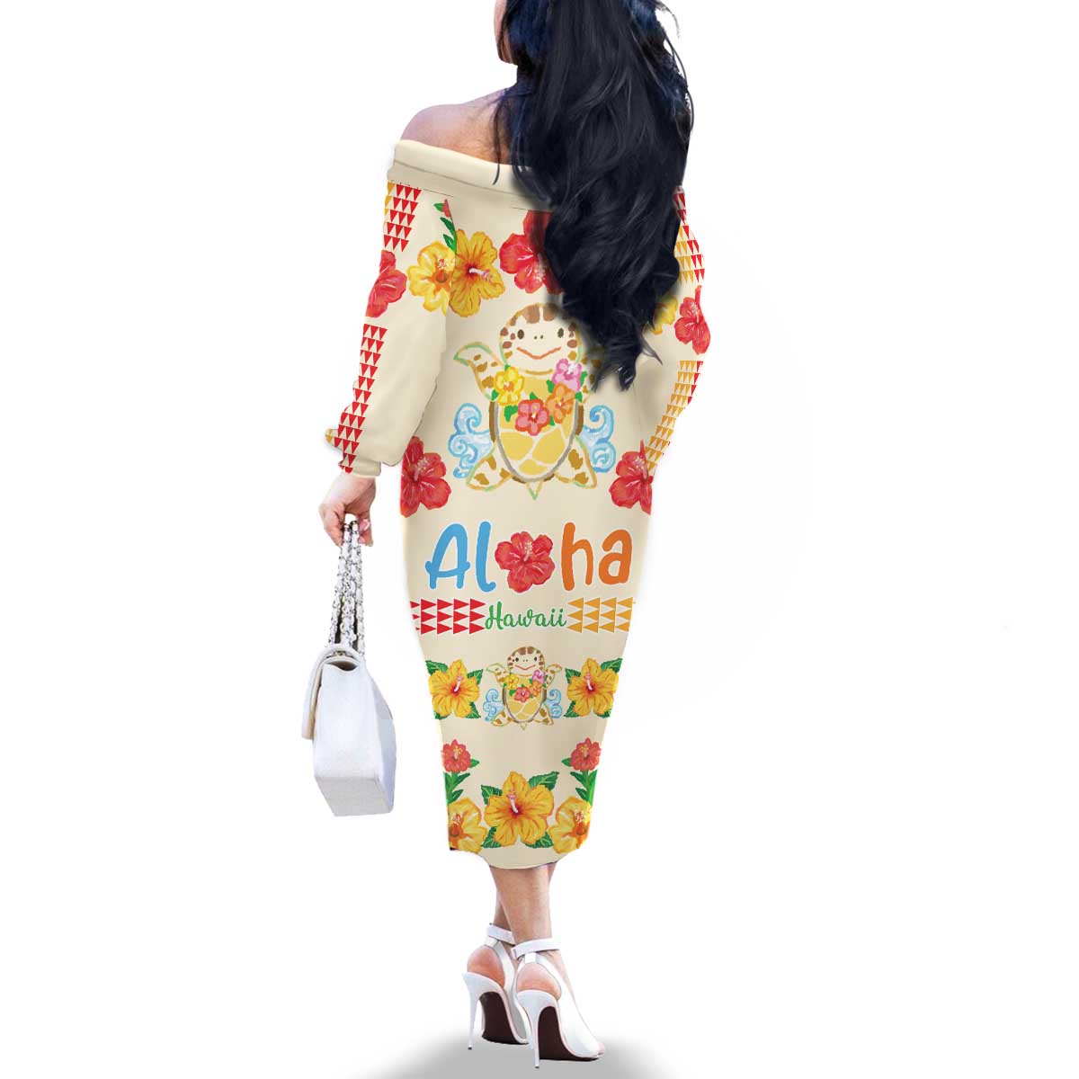 Kawaii Turtle Family Matching Off The Shoulder Long Sleeve Dress and Hawaiian Shirt Aloha Hibiscus Flowers LT9 - Polynesian Pride
