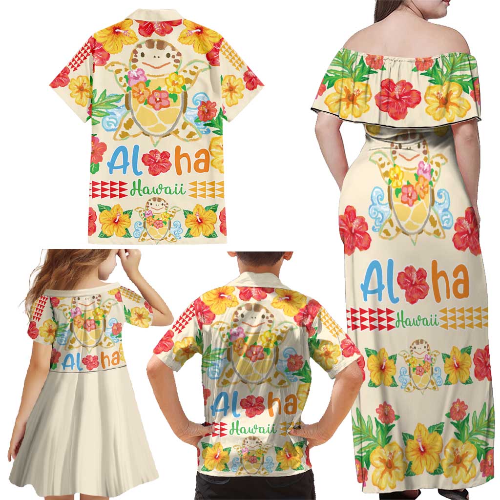 Kawaii Turtle Family Matching Off Shoulder Maxi Dress and Hawaiian Shirt Aloha Hibiscus Flowers LT9 - Polynesian Pride