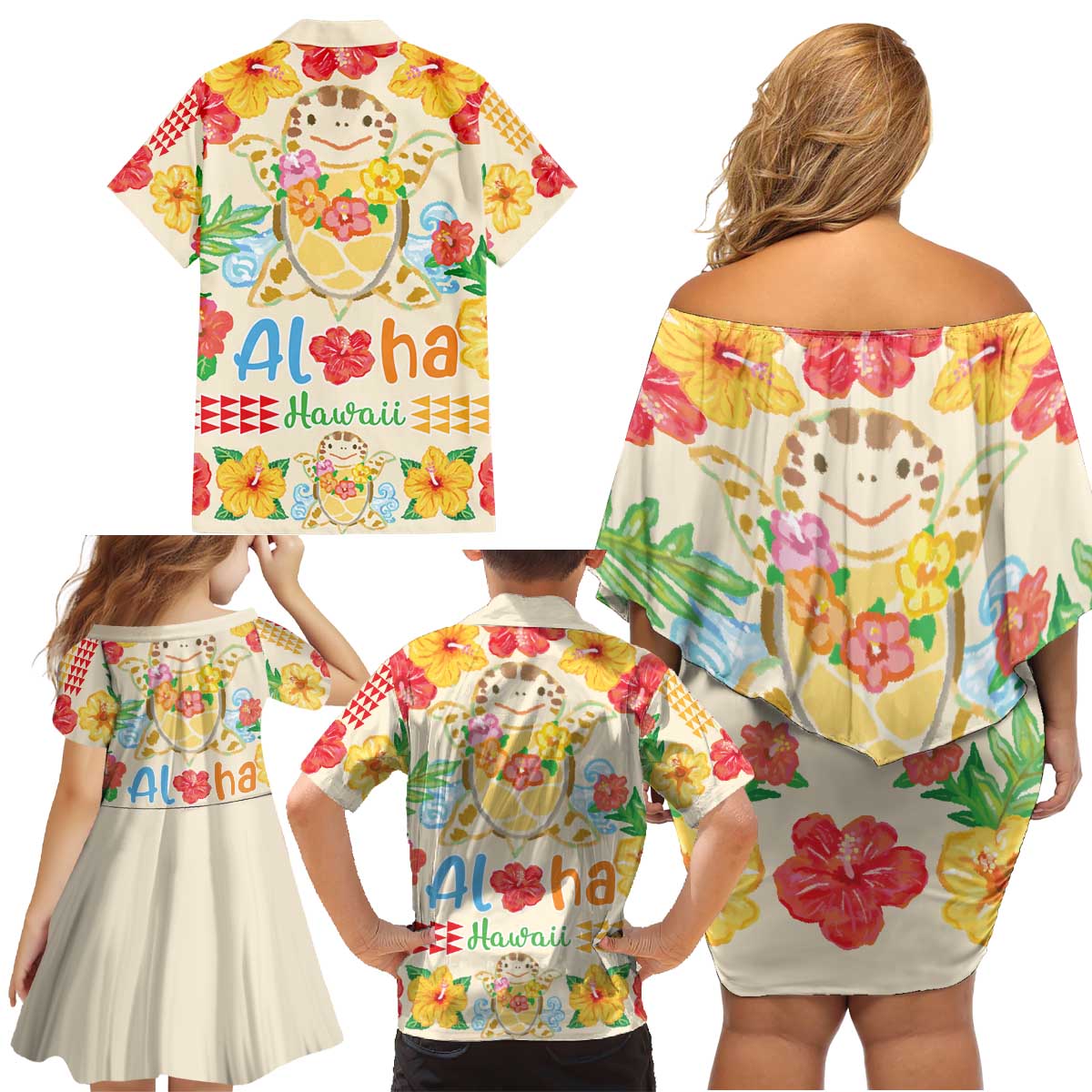 Kawaii Turtle Family Matching Off Shoulder Short Dress and Hawaiian Shirt Aloha Hibiscus Flowers LT9 - Polynesian Pride