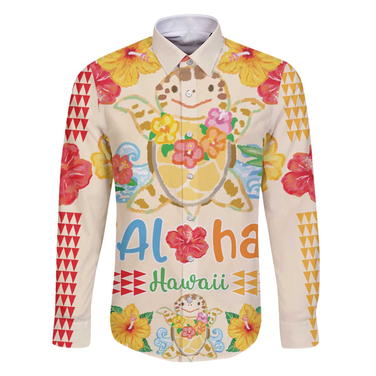 Kawaii Turtle Family Matching Off Shoulder Short Dress and Hawaiian Shirt Aloha Hibiscus Flowers LT9 Dad's Shirt - Long Sleeve Beige - Polynesian Pride
