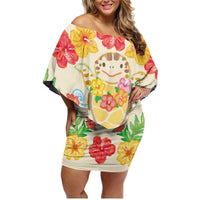 Kawaii Turtle Family Matching Off Shoulder Short Dress and Hawaiian Shirt Aloha Hibiscus Flowers LT9 Mom's Dress Beige - Polynesian Pride