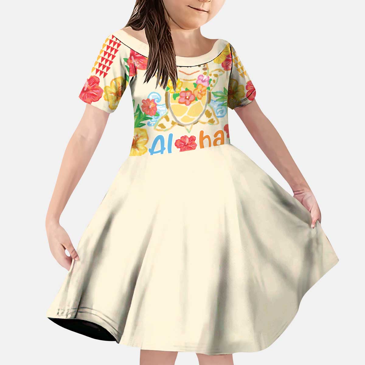 Kawaii Turtle Family Matching Puletasi and Hawaiian Shirt Aloha Hibiscus Flowers LT9 Daughter's Dress Beige - Polynesian Pride