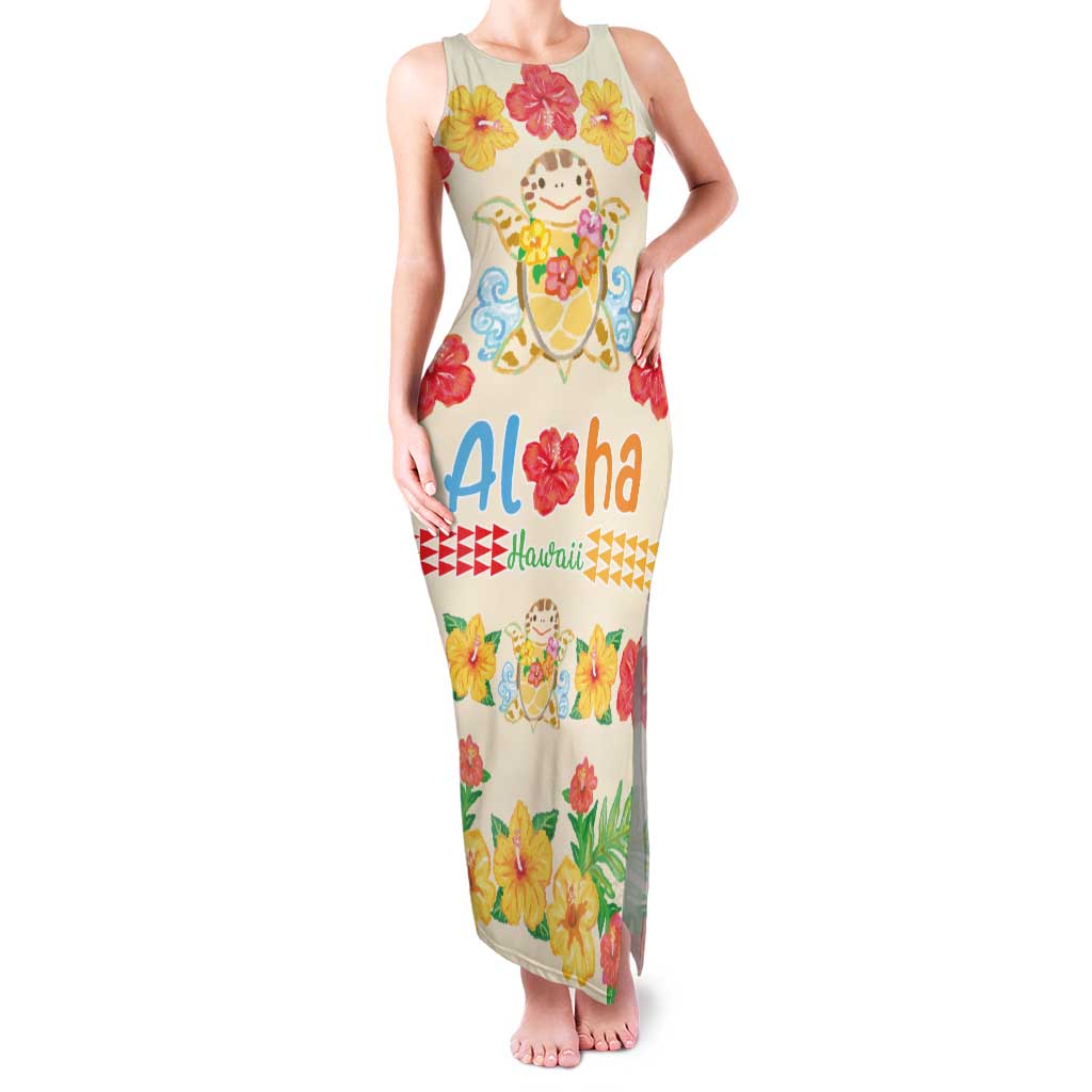 Kawaii Turtle Family Matching Tank Maxi Dress and Hawaiian Shirt Aloha Hibiscus Flowers LT9 Mom's Dress Beige - Polynesian Pride