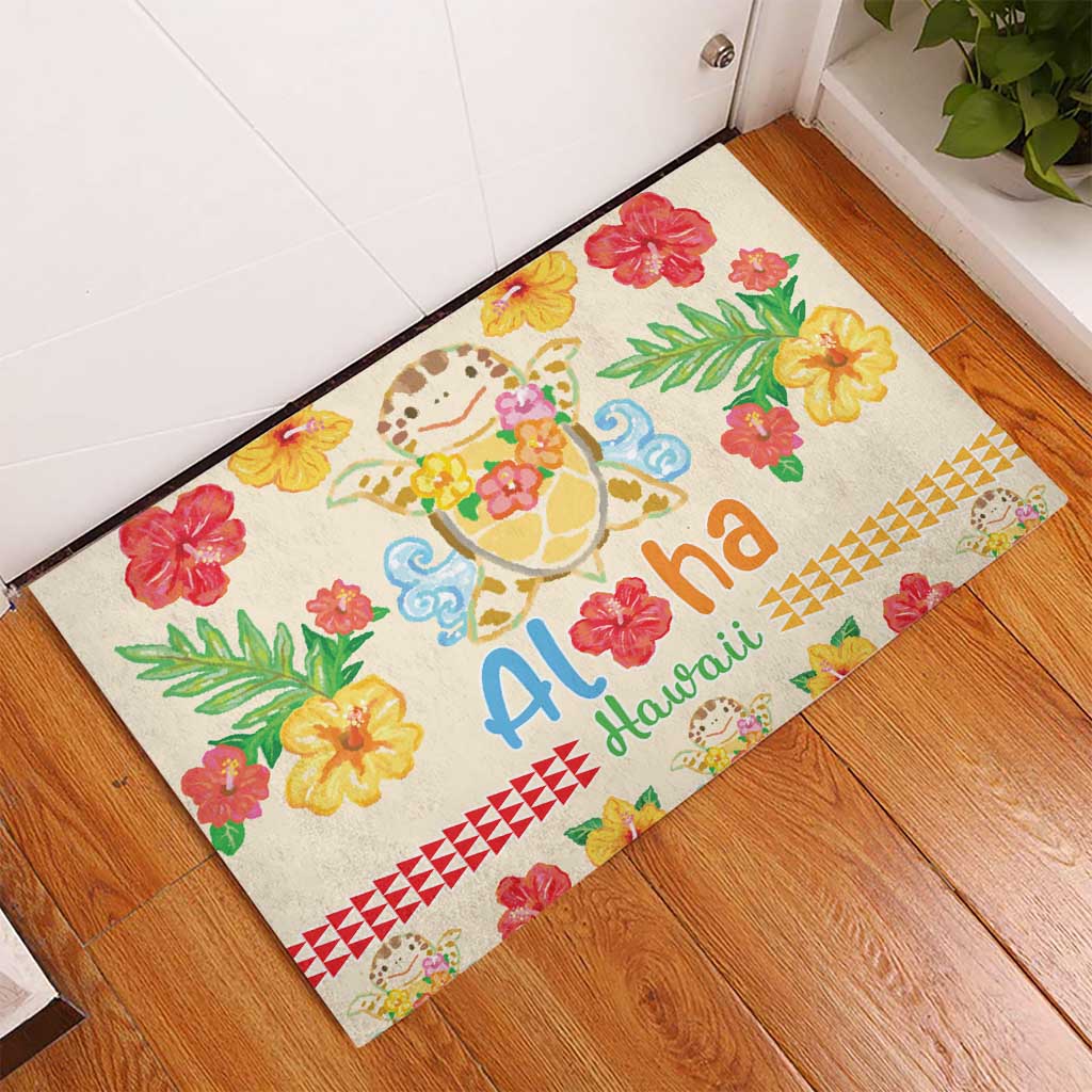 Kawaii Turtle Rubber Doormat Aloha Hibiscus Flowers