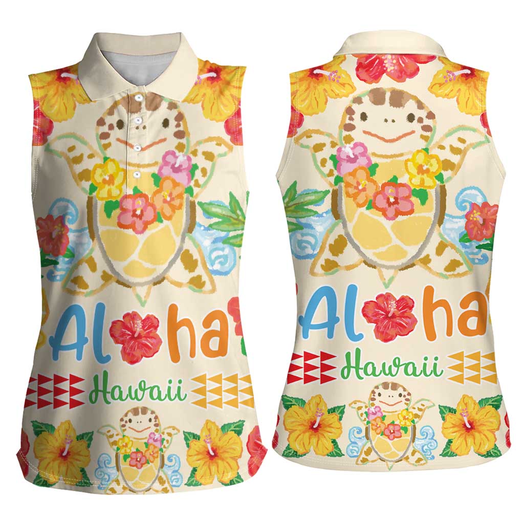 Kawaii Turtle Women Sleeveless Polo Shirt Aloha Hibiscus Flowers