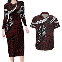 Polynesian Girl Tribal Tattoo Couples Matching Long Sleeve Bodycon Dress and Hawaiian Shirt Oxbood Vibe LT9 Oxblood - Polynesian Pride