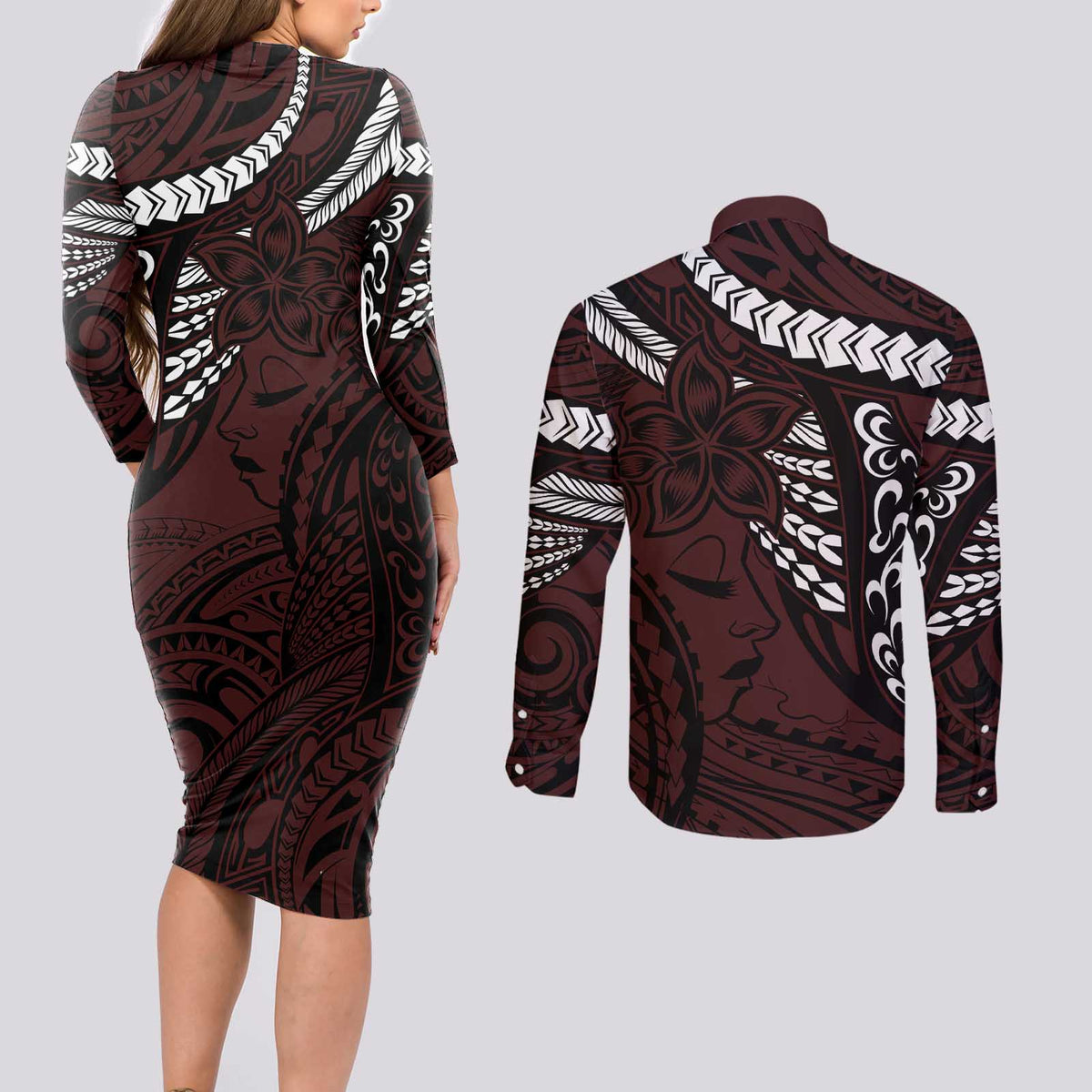 Polynesian Girl Tribal Tattoo Couples Matching Long Sleeve Bodycon Dress and Long Sleeve Button Shirt Oxbood Vibe LT9 - Polynesian Pride