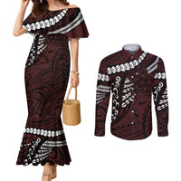 Polynesian Girl Tribal Tattoo Couples Matching Mermaid Dress and Long Sleeve Button Shirt Oxbood Vibe LT9 Oxblood - Polynesian Pride
