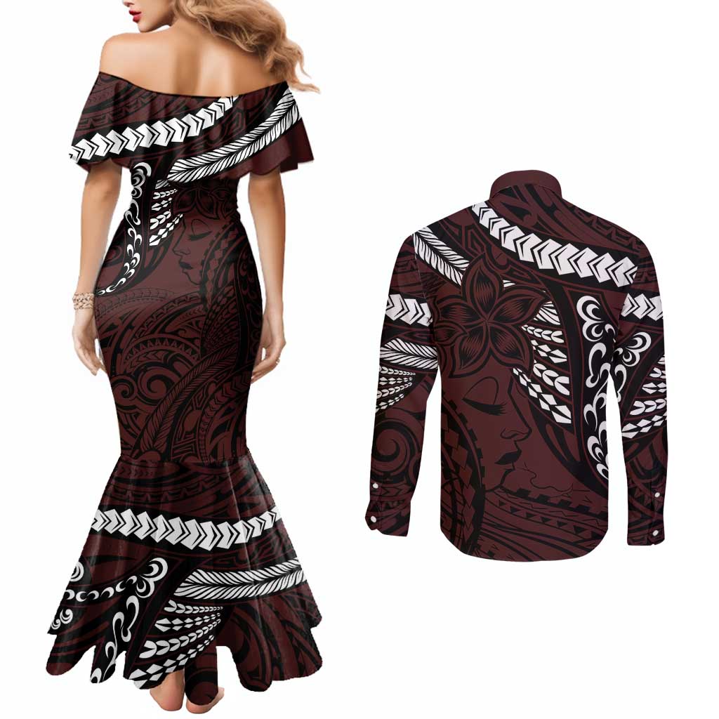 Polynesian Girl Tribal Tattoo Couples Matching Mermaid Dress and Long Sleeve Button Shirt Oxbood Vibe LT9 - Polynesian Pride