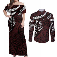 Polynesian Girl Tribal Tattoo Couples Matching Off Shoulder Maxi Dress and Long Sleeve Button Shirt Oxbood Vibe LT9 Oxblood - Polynesian Pride