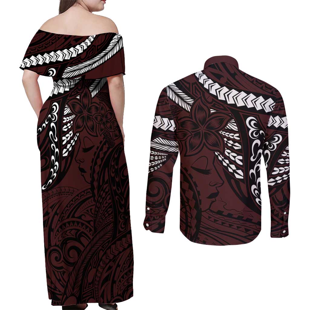Polynesian Girl Tribal Tattoo Couples Matching Off Shoulder Maxi Dress and Long Sleeve Button Shirt Oxbood Vibe LT9 - Polynesian Pride