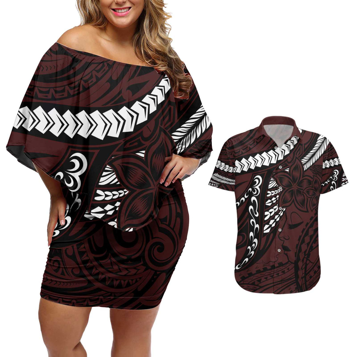 Polynesian Girl Tribal Tattoo Couples Matching Off Shoulder Short Dress and Hawaiian Shirt Oxbood Vibe LT9 Oxblood - Polynesian Pride