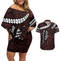 Polynesian Girl Tribal Tattoo Couples Matching Off Shoulder Short Dress and Hawaiian Shirt Oxbood Vibe LT9 Oxblood - Polynesian Pride