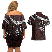 Polynesian Girl Tribal Tattoo Couples Matching Off Shoulder Short Dress and Hawaiian Shirt Oxbood Vibe LT9 - Polynesian Pride