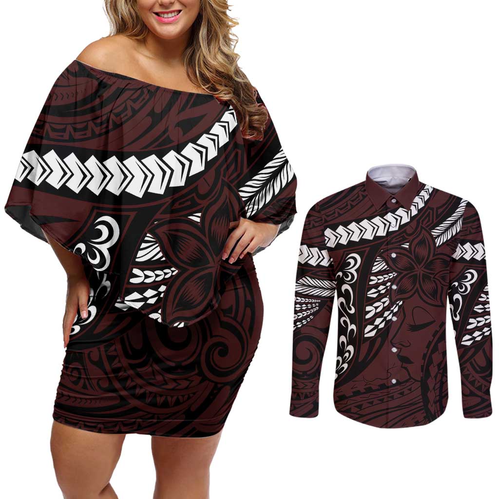 Polynesian Girl Tribal Tattoo Couples Matching Off Shoulder Short Dress and Long Sleeve Button Shirt Oxbood Vibe LT9 Oxblood - Polynesian Pride