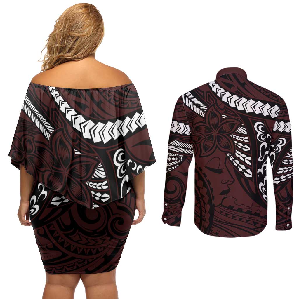 Polynesian Girl Tribal Tattoo Couples Matching Off Shoulder Short Dress and Long Sleeve Button Shirt Oxbood Vibe LT9 - Polynesian Pride