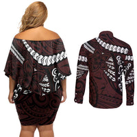 Polynesian Girl Tribal Tattoo Couples Matching Off Shoulder Short Dress and Long Sleeve Button Shirt Oxbood Vibe LT9 - Polynesian Pride
