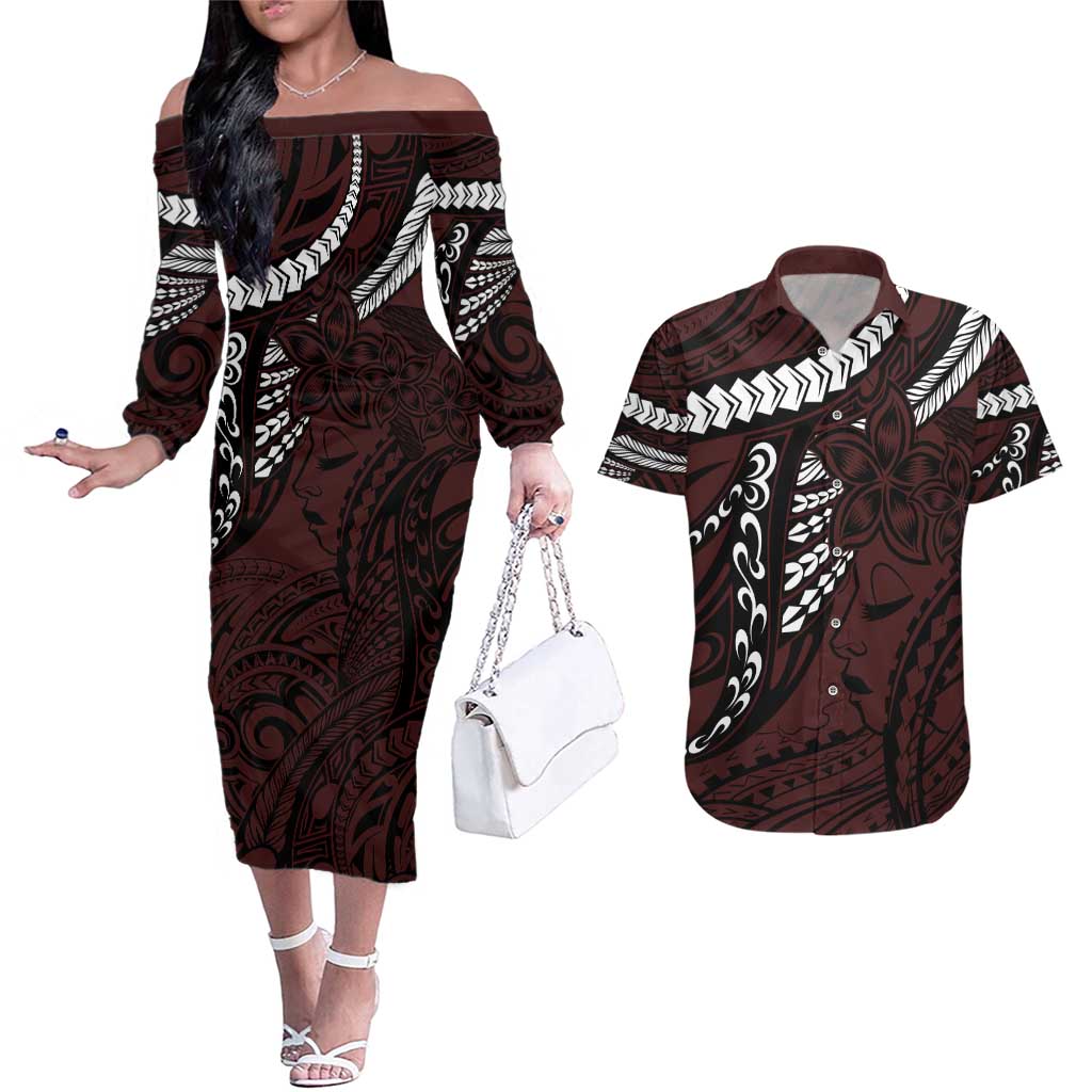 Polynesian Girl Tribal Tattoo Couples Matching Off The Shoulder Long Sleeve Dress and Hawaiian Shirt Oxbood Vibe LT9 Oxblood - Polynesian Pride