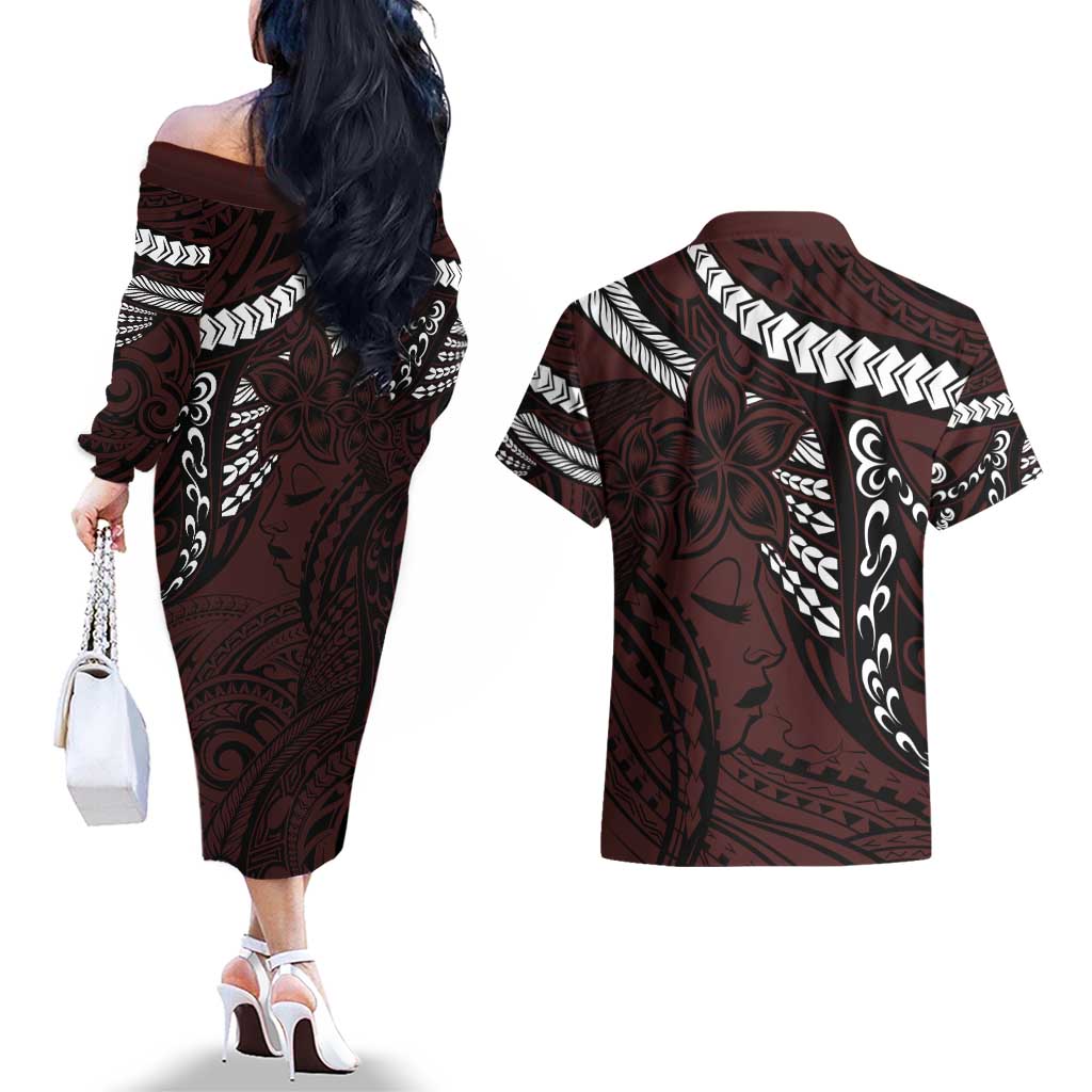 Polynesian Girl Tribal Tattoo Couples Matching Off The Shoulder Long Sleeve Dress and Hawaiian Shirt Oxbood Vibe LT9 - Polynesian Pride