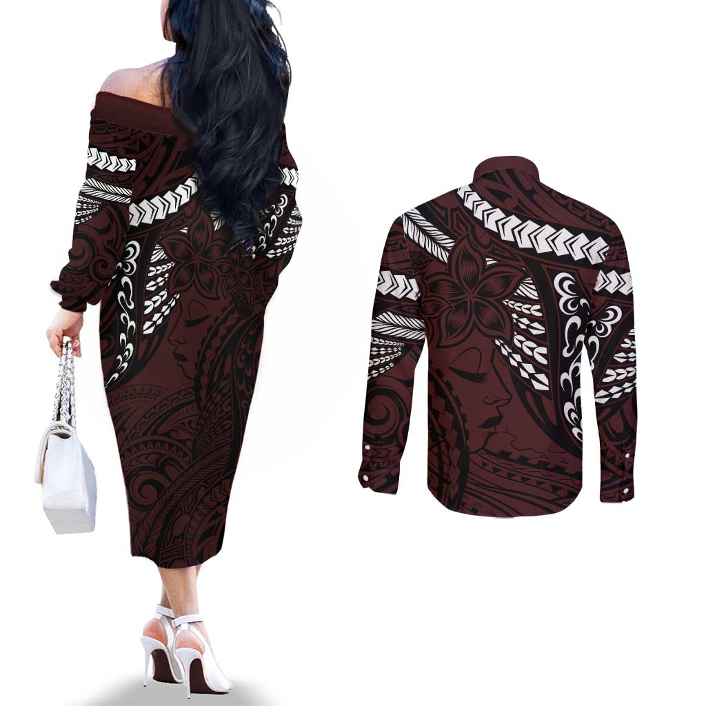 Polynesian Girl Tribal Tattoo Couples Matching Off The Shoulder Long Sleeve Dress and Long Sleeve Button Shirt Oxbood Vibe LT9 - Polynesian Pride