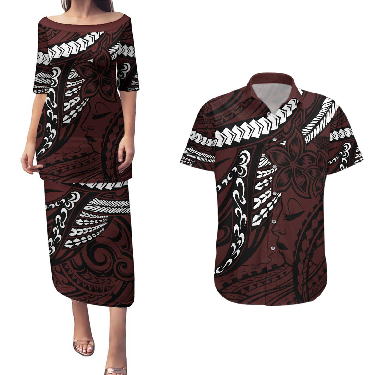 Polynesian Girl Tribal Tattoo Couples Matching Puletasi and Hawaiian Shirt Oxbood Vibe LT9 Oxblood - Polynesian Pride