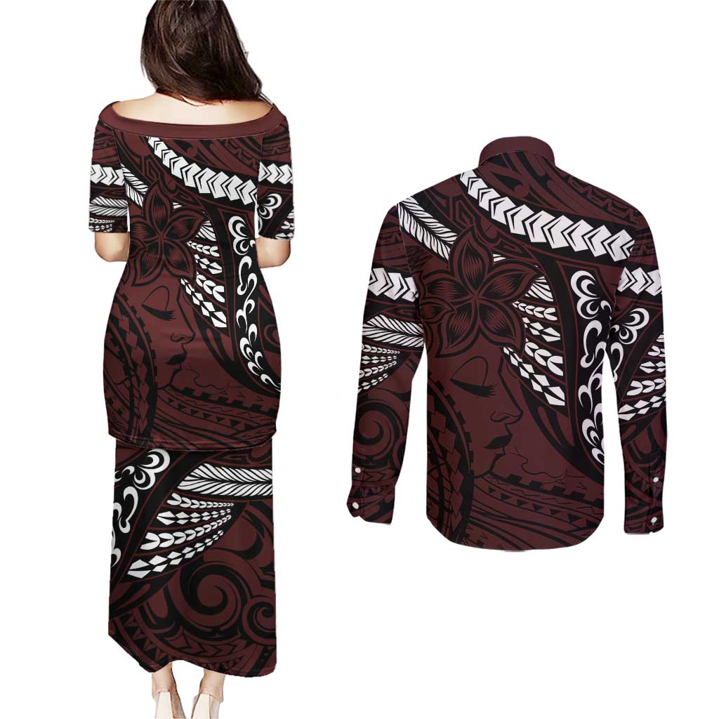 Polynesian Girl Tribal Tattoo Couples Matching Puletasi and Long Sleeve Button Shirt Oxbood Vibe LT9 - Polynesian Pride