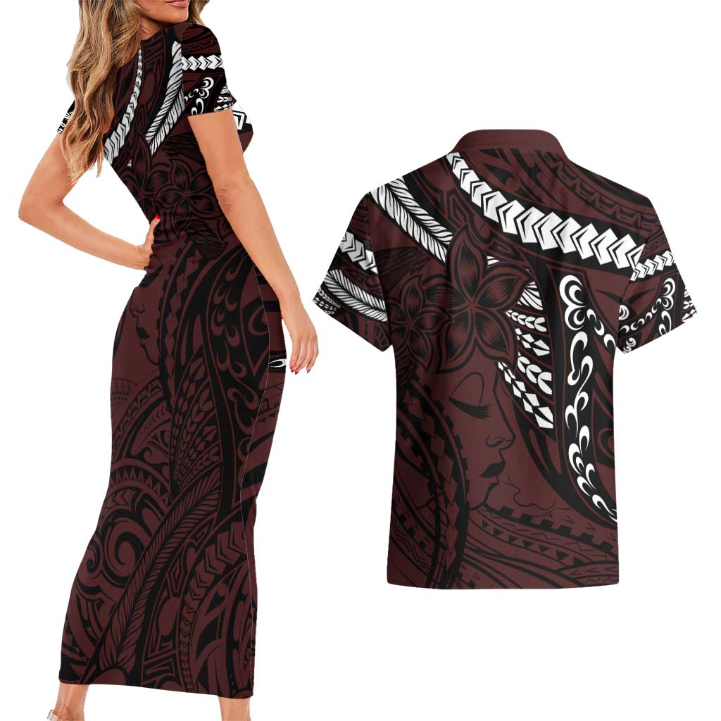 Polynesian Girl Tribal Tattoo Couples Matching Short Sleeve Bodycon Dress and Hawaiian Shirt Oxbood Vibe LT9 - Polynesian Pride