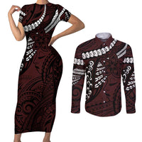 Polynesian Girl Tribal Tattoo Couples Matching Short Sleeve Bodycon Dress and Long Sleeve Button Shirt Oxbood Vibe LT9 Oxblood - Polynesian Pride