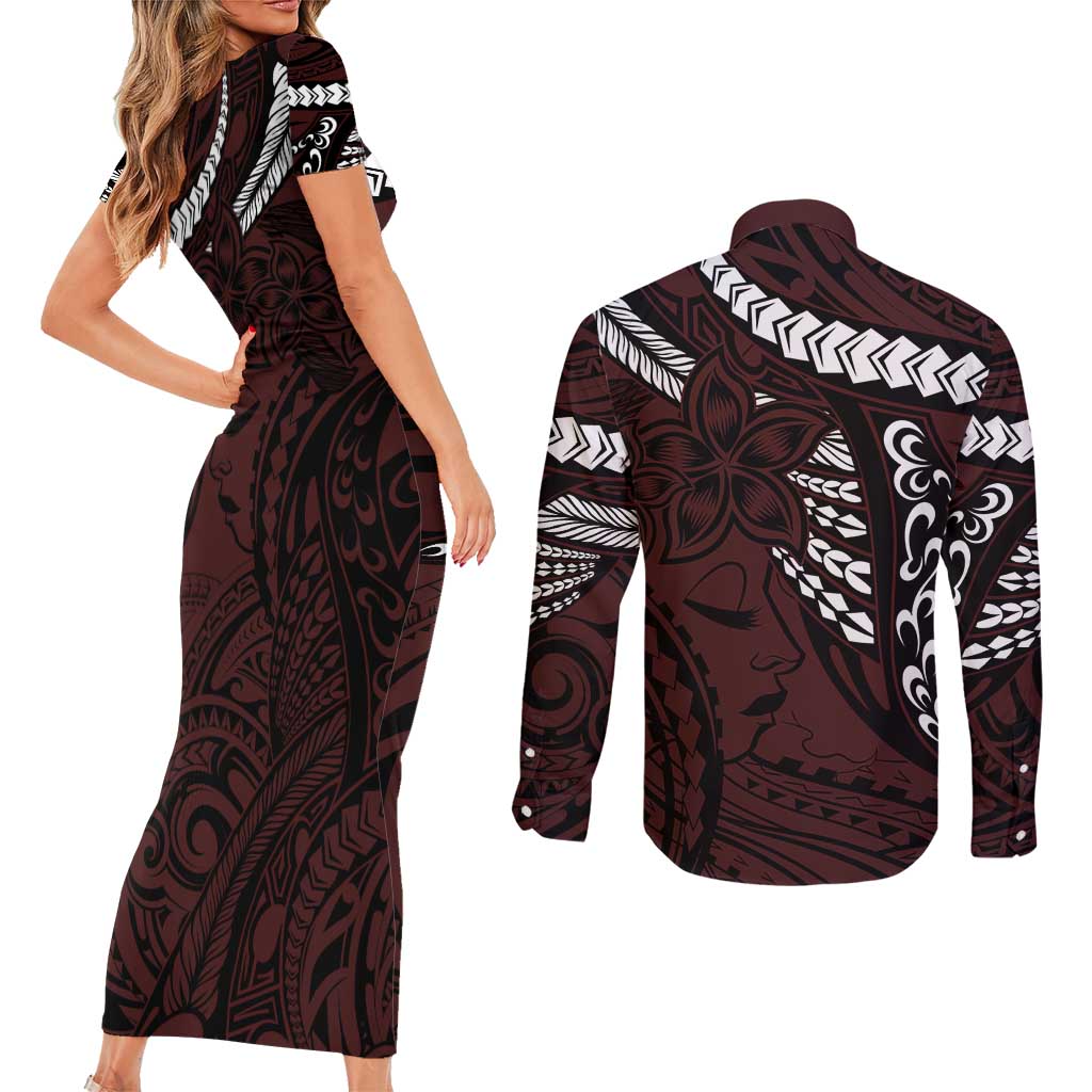 Polynesian Girl Tribal Tattoo Couples Matching Short Sleeve Bodycon Dress and Long Sleeve Button Shirt Oxbood Vibe LT9 - Polynesian Pride