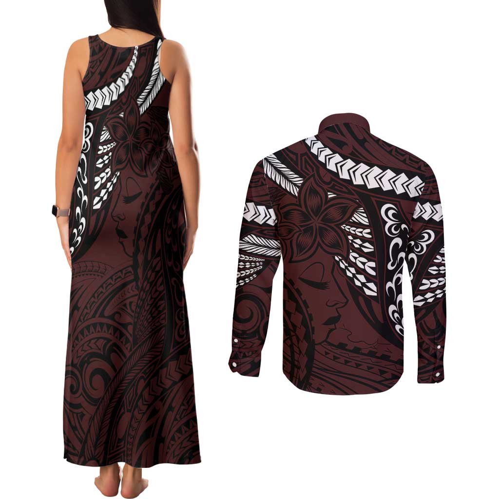 Polynesian Girl Tribal Tattoo Couples Matching Tank Maxi Dress and Long Sleeve Button Shirt Oxbood Vibe LT9 - Polynesian Pride
