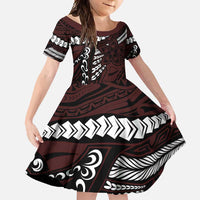 Polynesian Girl Tribal Tattoo Family Matching Long Sleeve Bodycon Dress and Hawaiian Shirt Oxbood Vibe LT9 Daughter's Dress Oxblood - Polynesian Pride