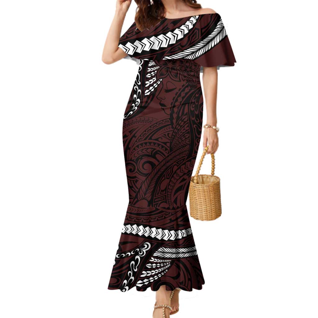 Polynesian Girl Tribal Tattoo Family Matching Mermaid Dress and Hawaiian Shirt Oxbood Vibe LT9 Mom's Dress Oxblood - Polynesian Pride