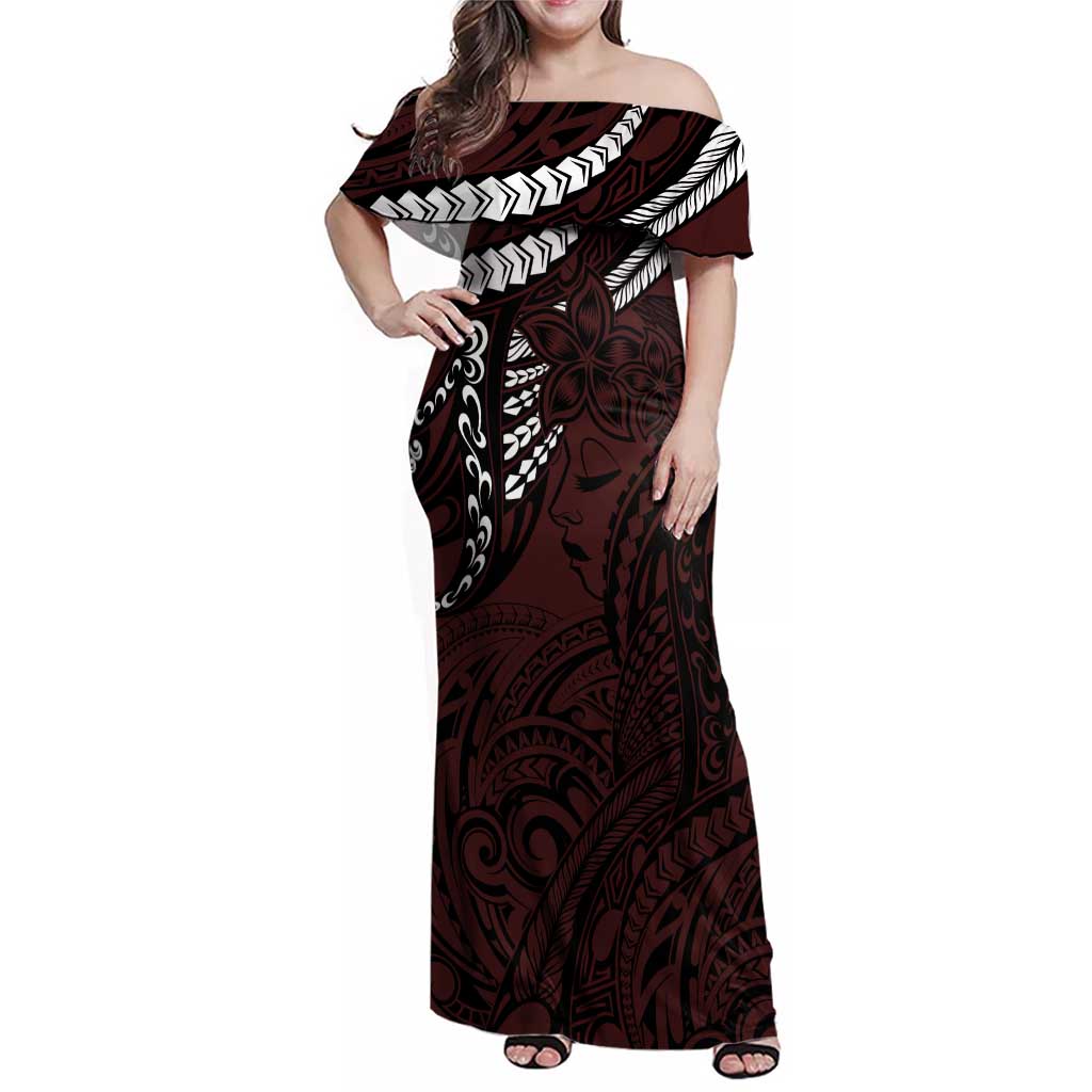 Polynesian Girl Tribal Tattoo Family Matching Off Shoulder Maxi Dress and Hawaiian Shirt Oxbood Vibe LT9 Mom's Dress Oxblood - Polynesian Pride