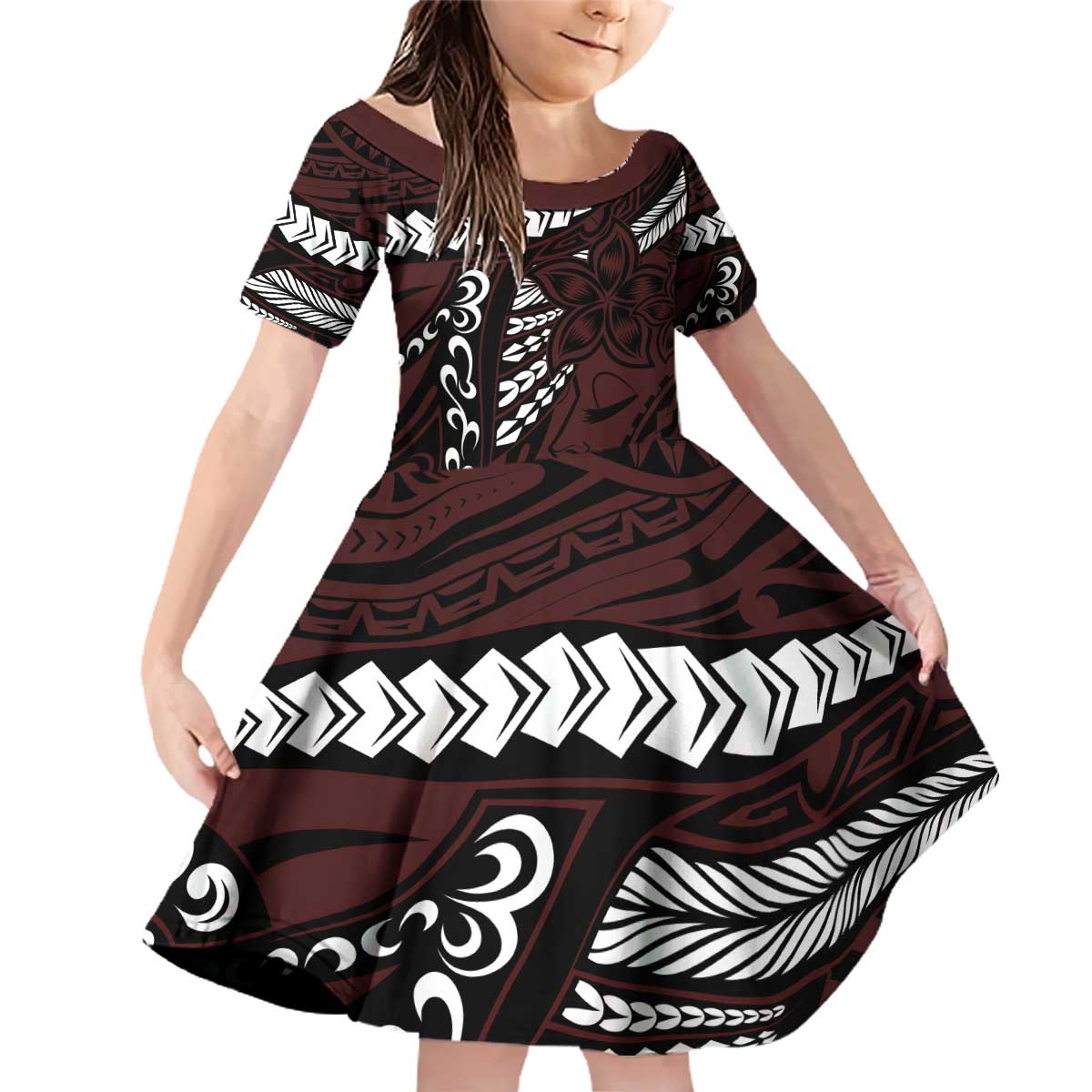Polynesian Girl Tribal Tattoo Family Matching Off Shoulder Short Dress and Hawaiian Shirt Oxbood Vibe LT9 Daughter's Dress Oxblood - Polynesian Pride