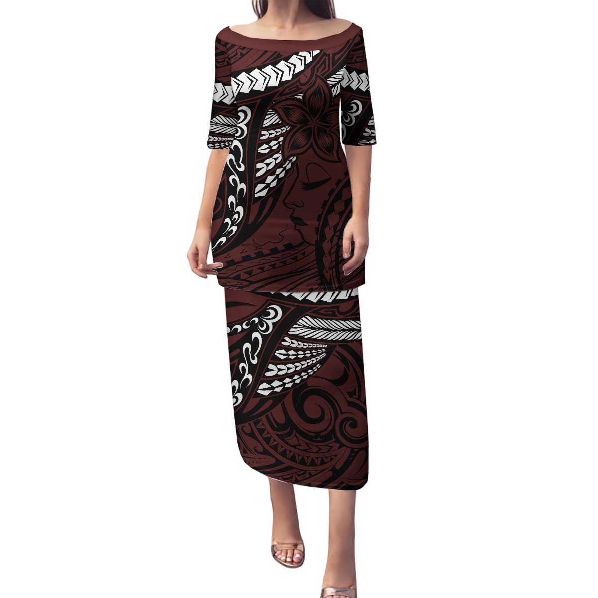 Polynesian Girl Tribal Tattoo Family Matching Puletasi and Hawaiian Shirt Oxbood Vibe LT9 Mom's Dress Oxblood - Polynesian Pride