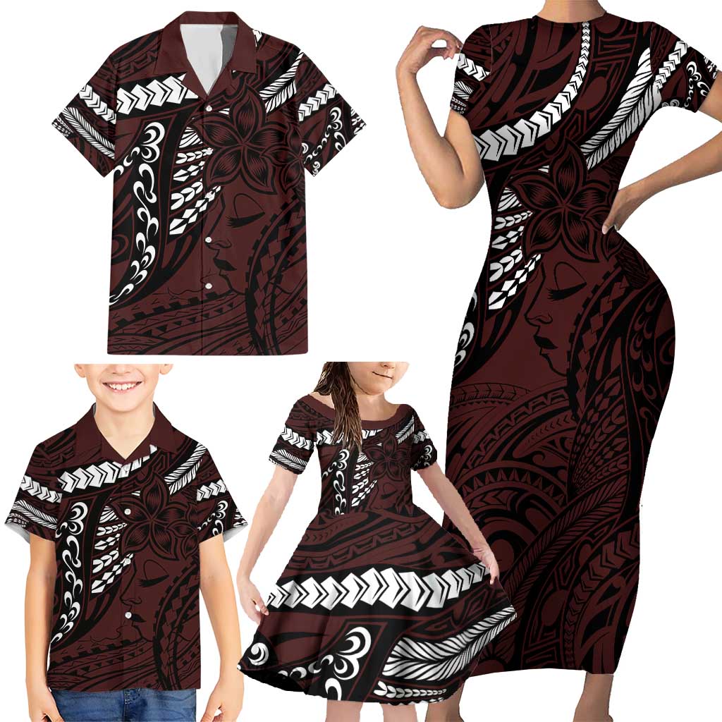 Polynesian Girl Tribal Tattoo Family Matching Short Sleeve Bodycon Dress and Hawaiian Shirt Oxbood Vibe LT9 - Polynesian Pride